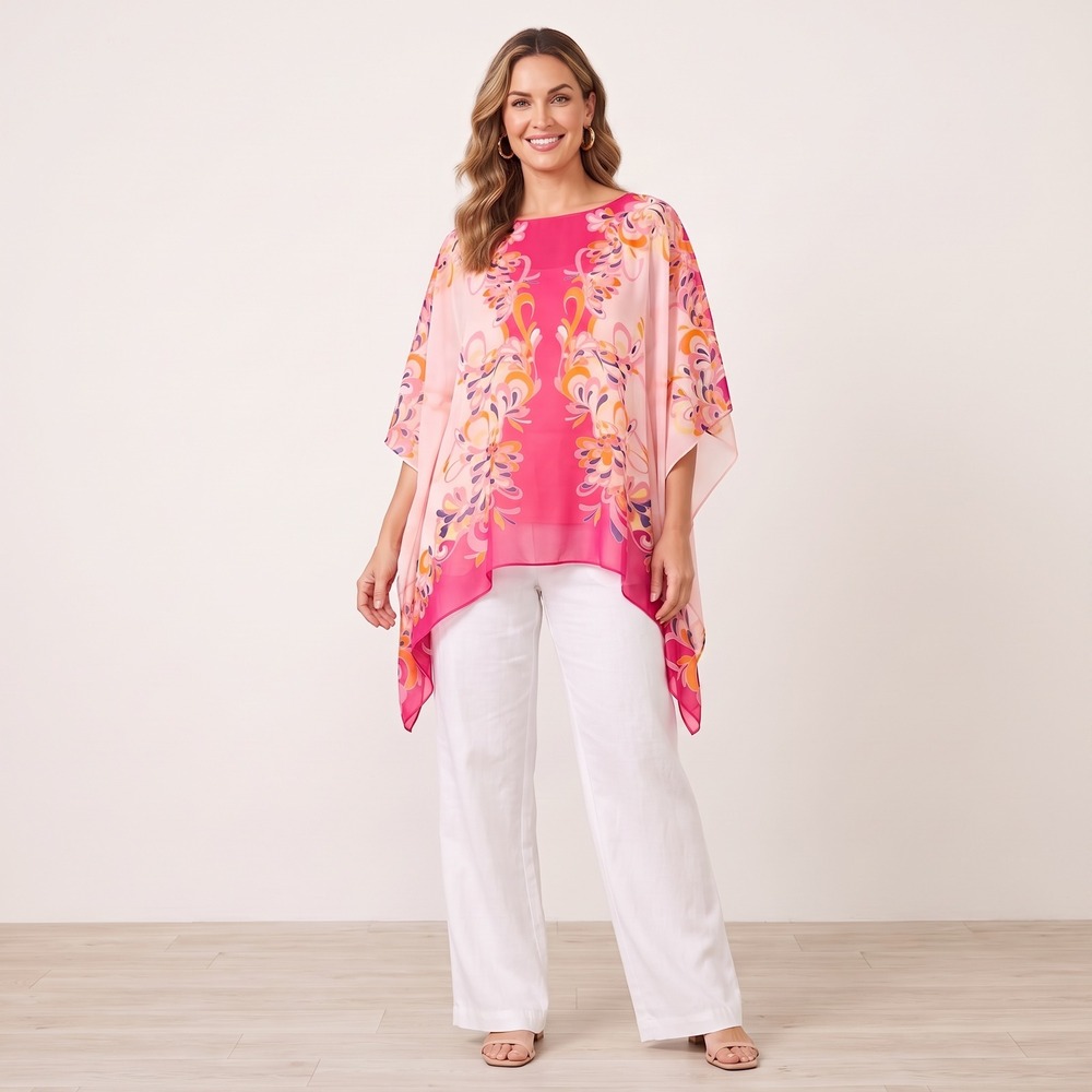 JM Collection Poncho Women XL Pink Paisley Floral Sheer Chiffon Layered V-Neck